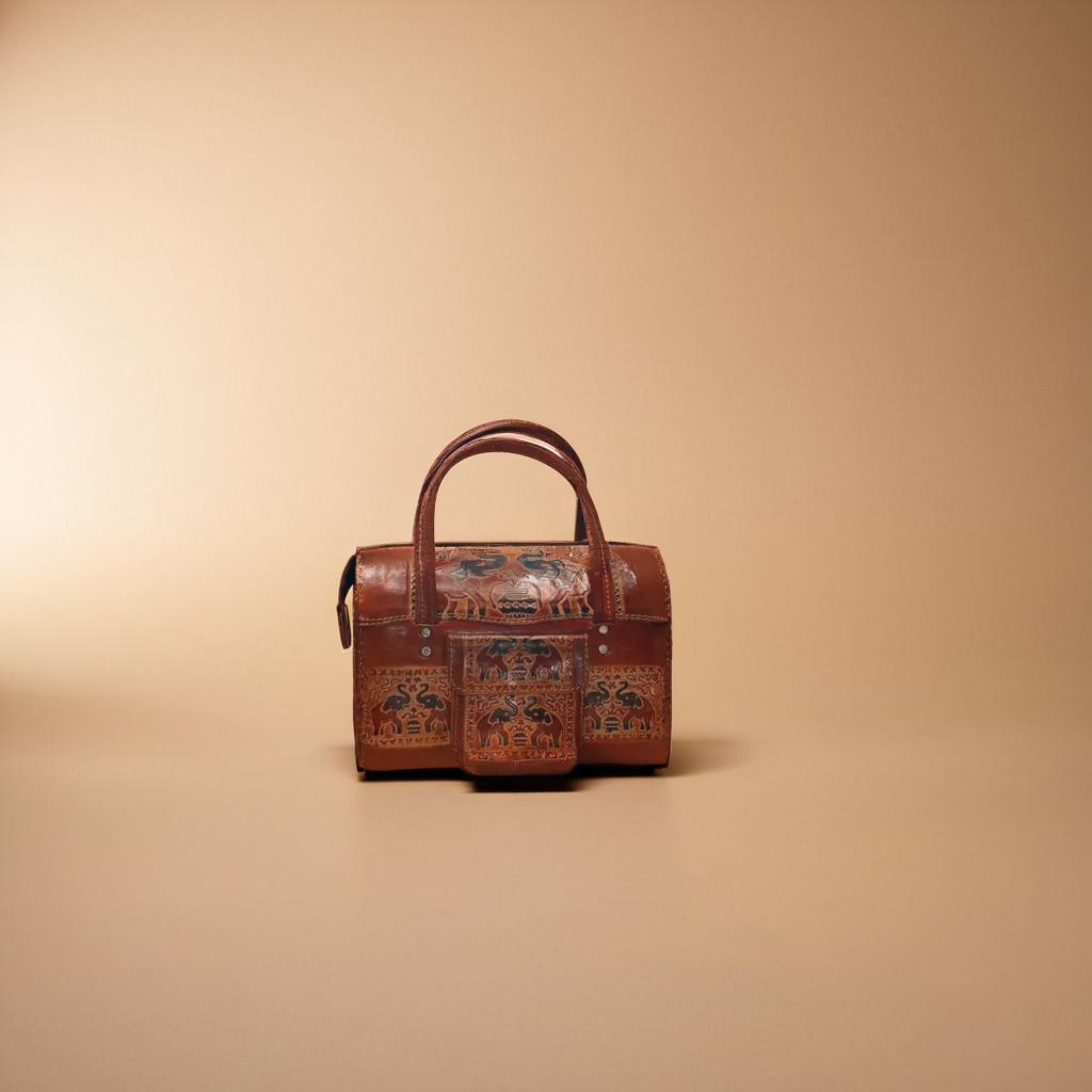 Vintage Handcrafted Leather Handbag with Traditional Artwork