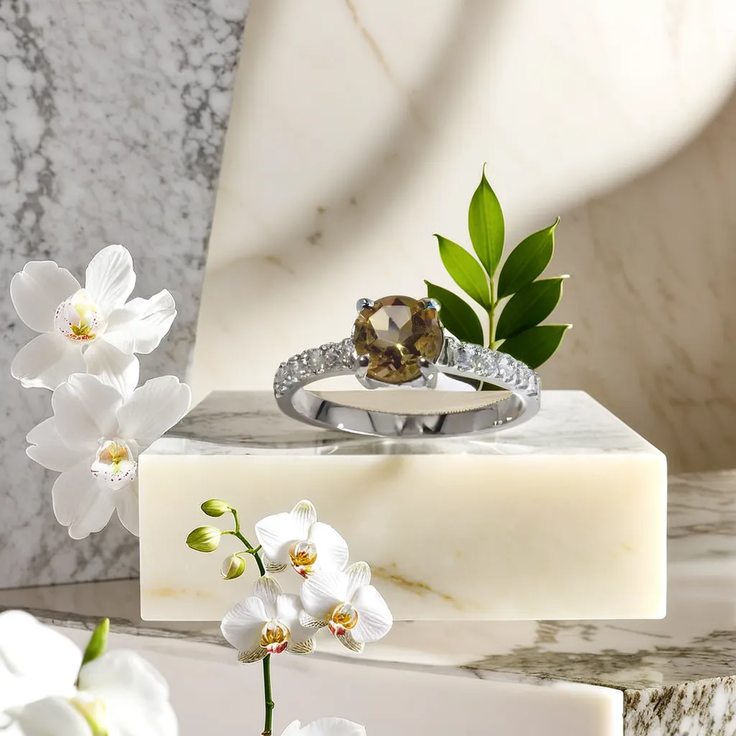Sterling Silver Ring with Round Citrine and Cubic Zircon Accents