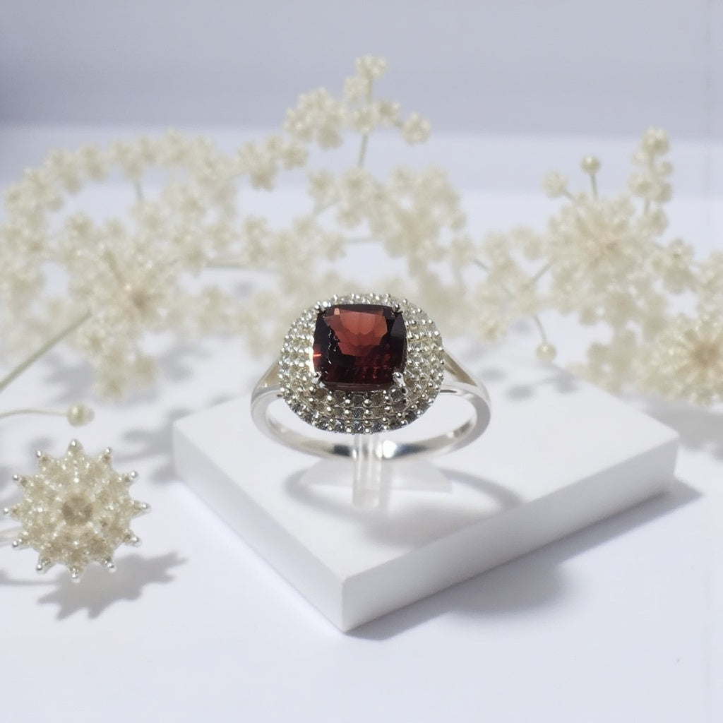 Sterling Silver Triple Cluster Ring with Cushion-Shaped Garnet and Cubic Zirconia Accents