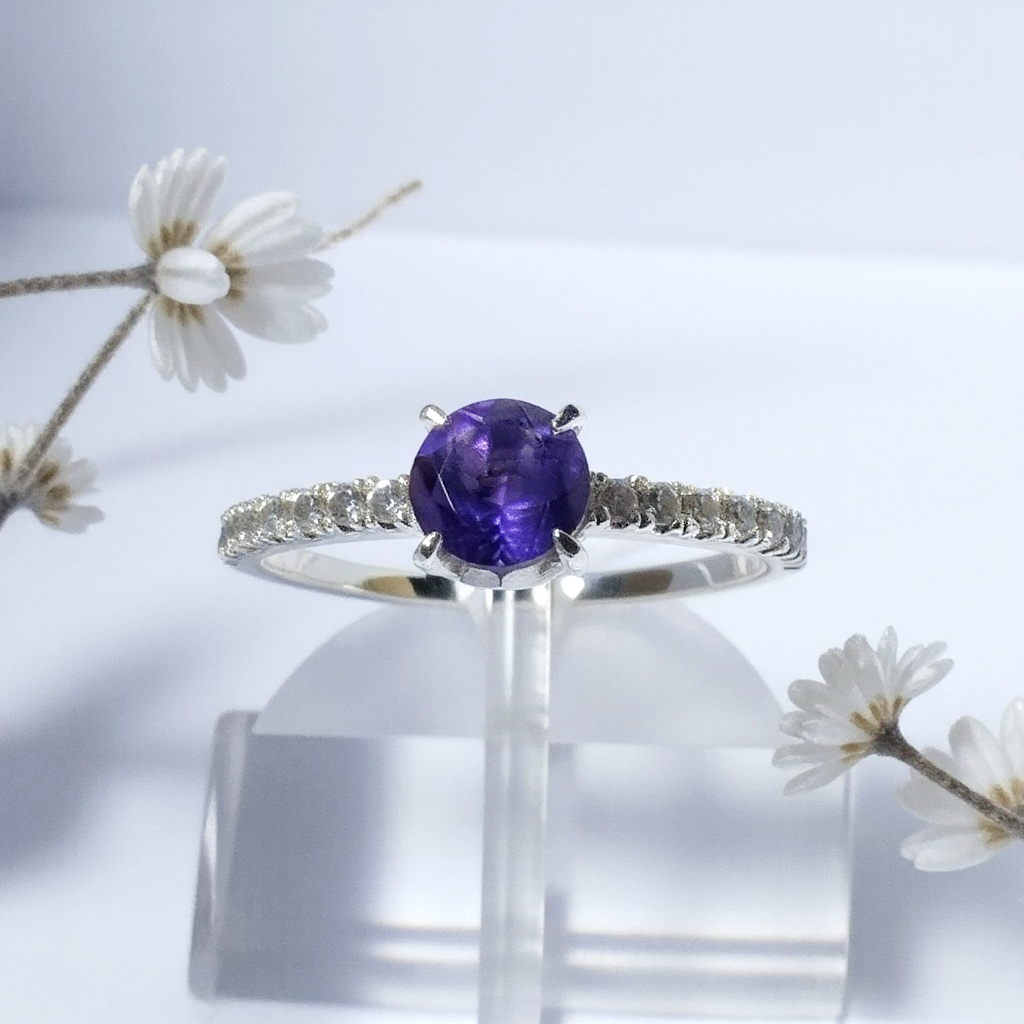 Sterling Silver Ring with Round Amethyst and Cubic Zircon Accents