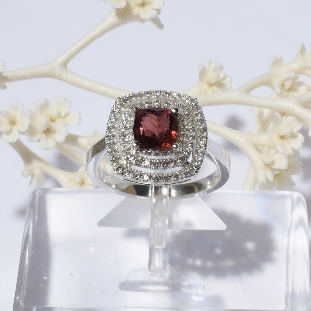 Double Cluster Ring with Cushion-Shaped Garnet and Cubic Zirconia in Sterling Silver