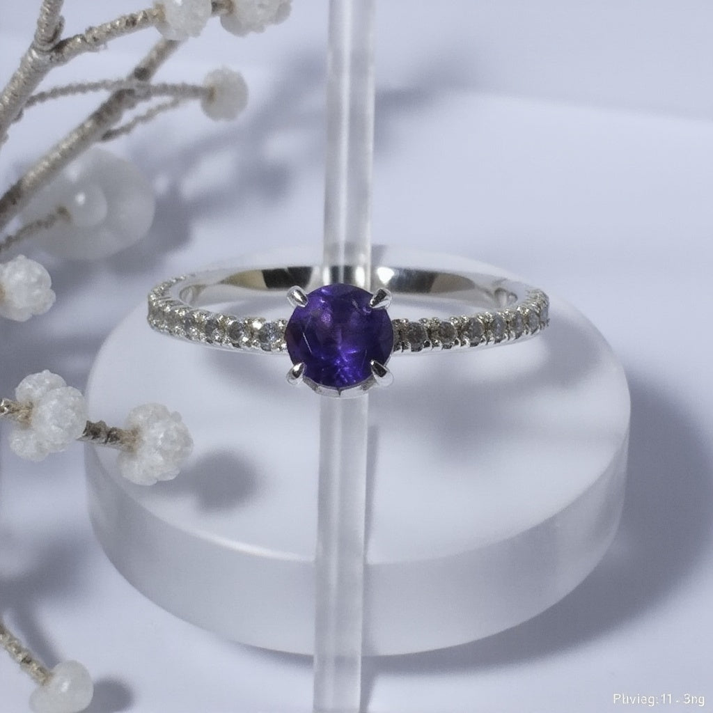 Sterling Silver Ring with Round Amethyst and Cubic Zirconia Accents