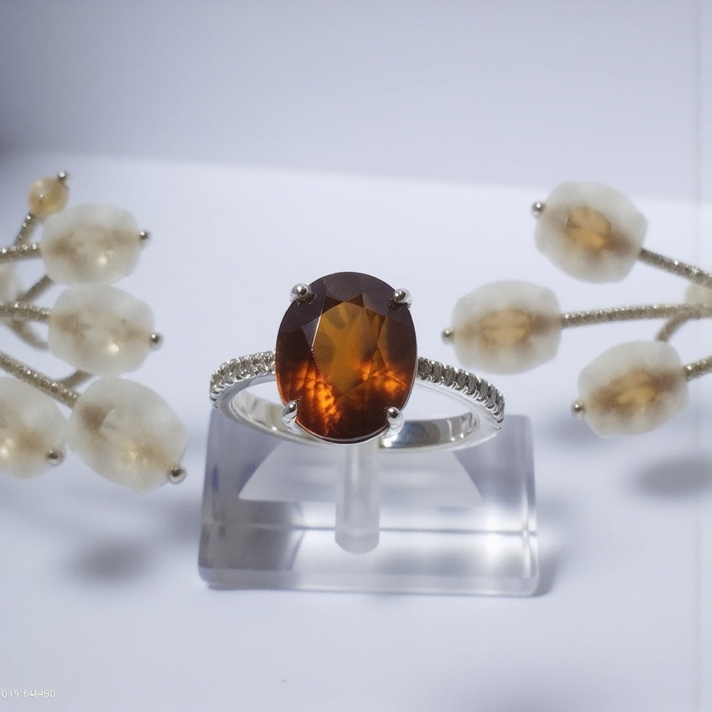 Sterling Silver Ring with Oval Garnet and Cubic Zircon Accents